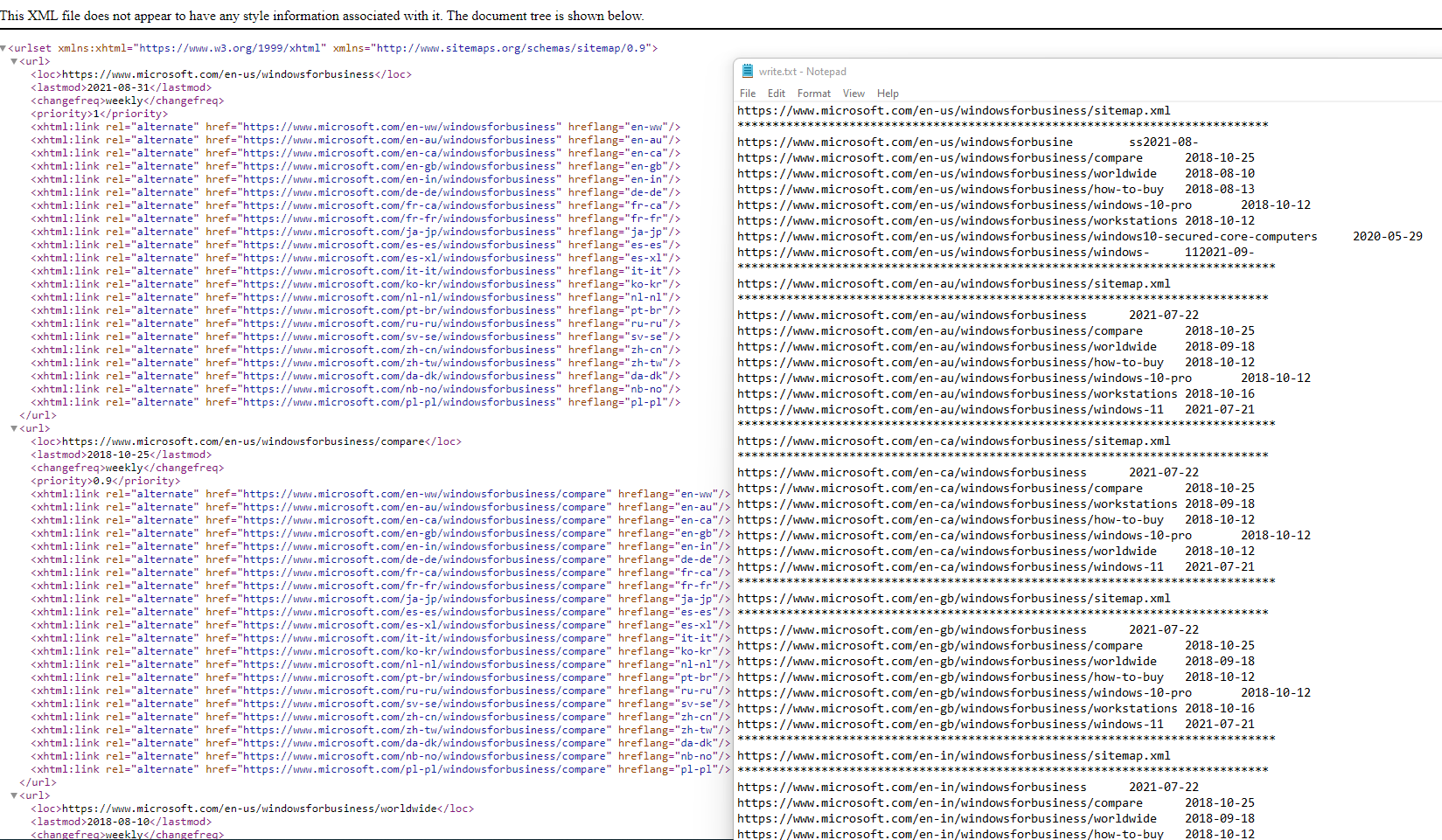 Screenshot of SiteMap xml Notepad file.