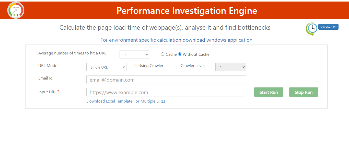 PIE Homepage, provide URL, click on Start or Stop Run.