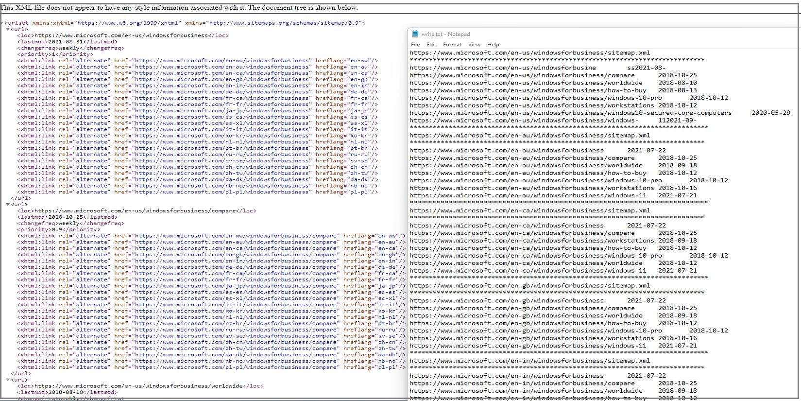 Screenshot of SiteMap xml Notepad file.