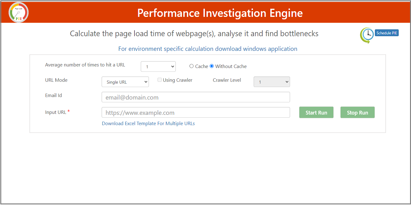 PIE Homepage, provide URL, click on Start or Stop Run.